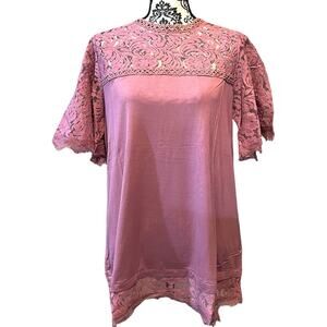 Amaryllis Womens Mauve Mock Neck Lace Yoke Butterfly Sleeve Blouse Top Size M